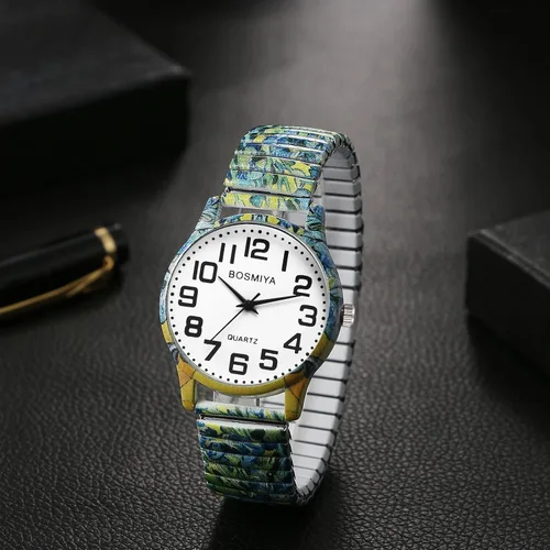Miniatura 2 de Lancardo Reloj de banda elástica bohemia: cuarzo grande y fácil de leer con esfera de números árabes correa de pintura de iris para hombres