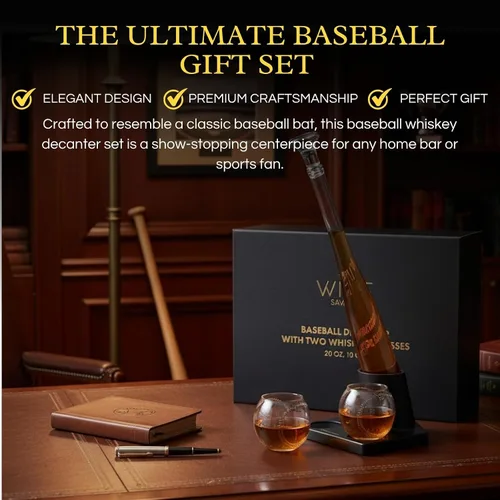 Miniatura 3 de Regalos de béisbol para hombres, juegos de decantador de whisky para hombres, juego de decantador de bate de béisbol de 20 onzas con 2 vasos, regalo