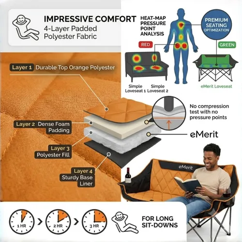 Miniatura 4 de EMERIT Silla de camping doble de gran tamaño, plegable, sofá de dos plazas para 2 personas, sillas de césped resistentes para exteriores con Naranja
