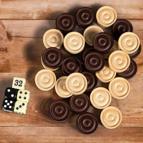 Miniatura 4 de BIVOMON Juego de 30 piezas apilables de madera clásicas, juego de 30 piezas de damas, 5 dados, 2 bolsas de almacenamiento con cordón, damas