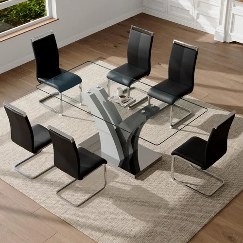Miniatura 3 de Juego de mesa de comedor de cristal para 6, juego de mesa de cocina de 71 pulgadas para 6, juego de mesa de comedor grande con sillas de piel