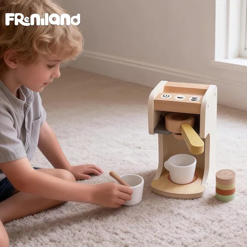 Miniatura 7 de Freniland Juguete clásico de madera para cafetera, juego para preparar y servir para niños pequeños, juguete educativo de cocina para niños a partir