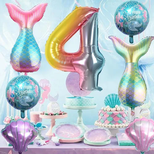 Miniatura 6 de Decoraciones de cumpleaños de 4º sirena, kit de globos de color rosa y azul, globos de cola de globo marino para niñas, fiesta de sirena, baby