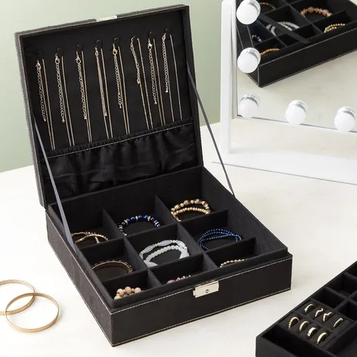 Miniatura 3 de Caja organizadora de alhajas con dos capas con cerradura y llave, textura de terciopelo, charola extraíble, compacta, amplio espacio de Negro