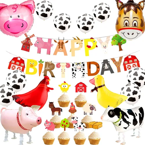 JeVenis Cartel de decoración de cumpleaños de animales de granja, suministros de fiesta, cerdo, caballo, chiken, vaca, globos, cupcakes, adornos
