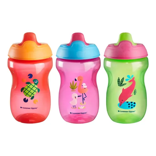 Tommee Tippee Vaso Sippee, 9m+, 10 onzas, paquete de 3 botellas de agua antiderrames para niños, rojo, morado y verde, pico resistente a mordidas,