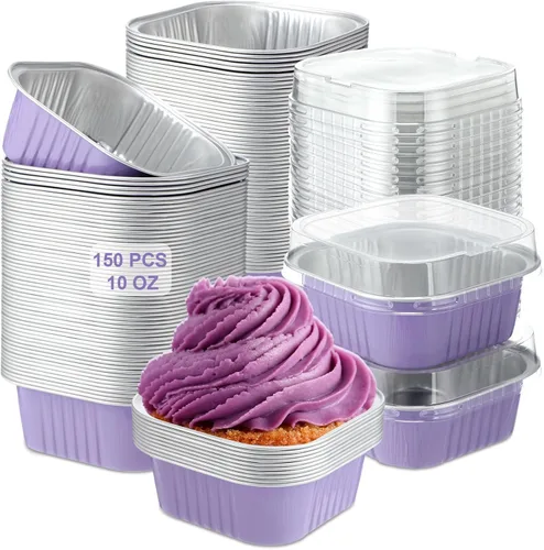 Miniatura 8 de Aoriher 150 piezas de moldes mini para pasteles de 10 onzas con tapas, tazas de horneado de papel de aluminio cuadradas desechables de 4" x 4