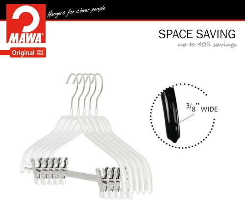 Miniatura 6 de Mawa by Reston Lloyd Silhouette Series - Percha antideslizante para ahorrar espacio con clips para pantalones, estilo 40/FK, juego de 5, color blanco