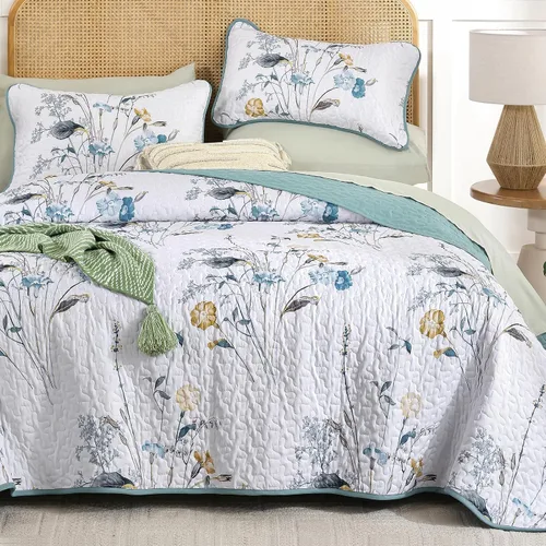 WONGS BEDDING Juego de edredón floral verde azulado, tamaño Queen, juego de colcha de 3 piezas con patrón de plantas botánicas con 2 fundas de
