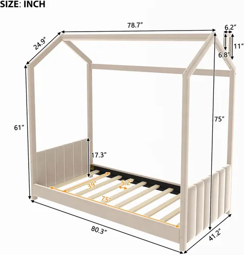 Miniatura 2 de MERITLINE Marco de cama individual para niños, cama Montessori de terciopelo con techo, cama de piso individual de madera para niñas y niños,