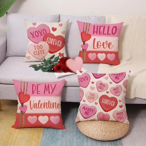 Miniatura 4 de Juego de 4 fundas de almohada decorativas para el día de San Valentín de 18 x 18 pulgadas, color rosa y rojo con texto en inglés "Hello Love Be My