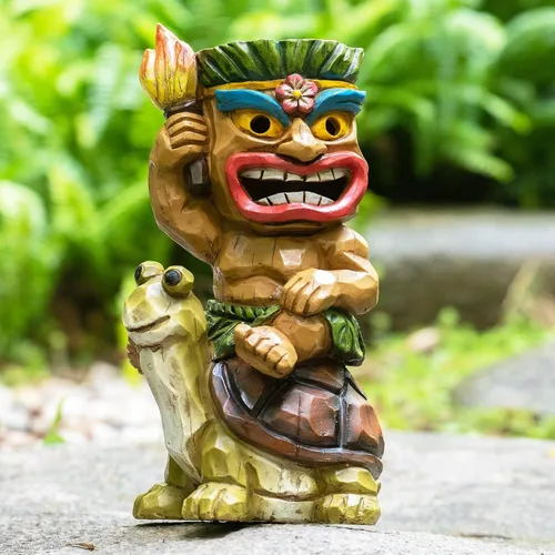 Estatua de Tiki para exteriores con decoración de tortuga, figura de jardín con energía solar, arte Tiki para Tiki bar, patio trasero, jardín,