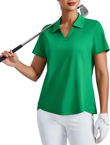 Miniatura 14 de PINSPARK Camiseta de golf para mujer, de manga corta, con protección UPF 50+, camiseta de tenis, cuello en V, para entrenamiento, ropa deportiva