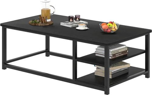 Miniatura 8 de EXCEFUR Mesa de centro negra, mesa de sala de estar de madera rústica con estante de almacenamiento, mesa central rectangular moderna, 47 pulgadas