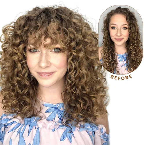 Miniatura 5 de Flufymooz Peluca rizada con flequillo para mujeres negras, 20 pulgadas, color marrón nogal, peluca de pelo largo, rizos con flequillo ondulado