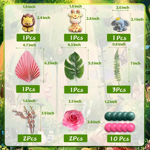 Miniatura 3 de 22 adornos de animales de selva de safari para tartas, bolas de flores, decoración de tartas con hojas de palmeras bohemias, juguetes de animales