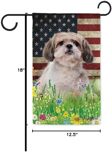 Miniatura 7 de Bandera de jardín con bonito diseño de cachorro, Shih Tzu, con diseño de perro y mascota, bandera de Estados Unidos, flores silvestres, césped
