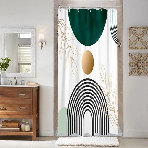 Miniatura 4 de Aipon Cortina de ducha verde de mediados de siglo para baño, cortina de ducha abstracta de estilo bohemio, de tela moderna, impermeable, para baño