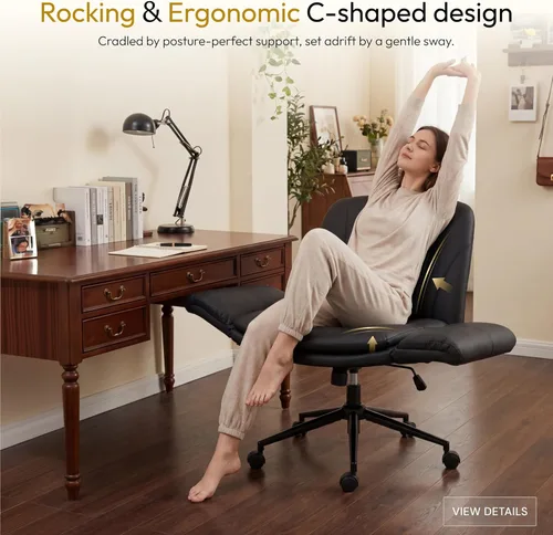 Miniatura 3 de Dowinx Silla Criss Cross con brazos y ruedas ajustables de cinco niveles - Cómoda silla giratoria ergonómica de cuero PU para tocador - Silla