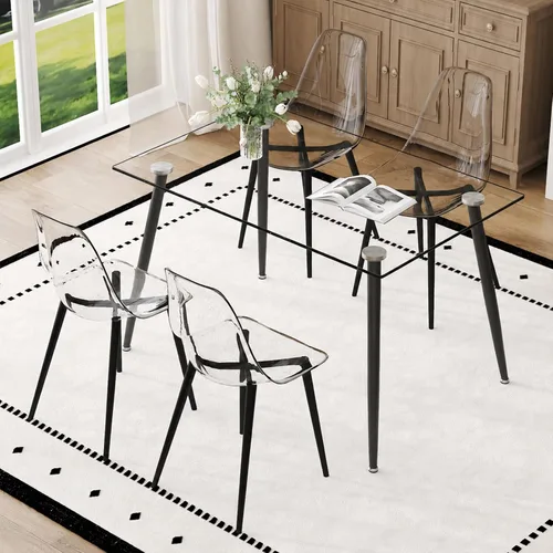 Miniatura 9 de Juego de mesa de comedor de vidrio Ebullient para 4, mesa de 51" de vidrio templado transparente con patas de metal negro y 4 sillas de acrílico