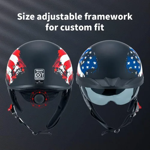 Miniatura 3 de Pit Boss Casco Medio para Motocicleta para Hombres y Mujeres, Aprobación DOT, Casco Retro de Cara Media con Visera, Estilo Crucero, Ajuste Bandera