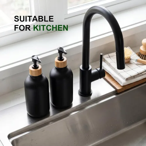 Miniatura 6 de Dispensador de Jabón de Mano Kasunting para Baño, Dispensador de Jabón para Cocina Negro, Juego de Dispensadores de Jabón de Mano y Platos de 17 Fl