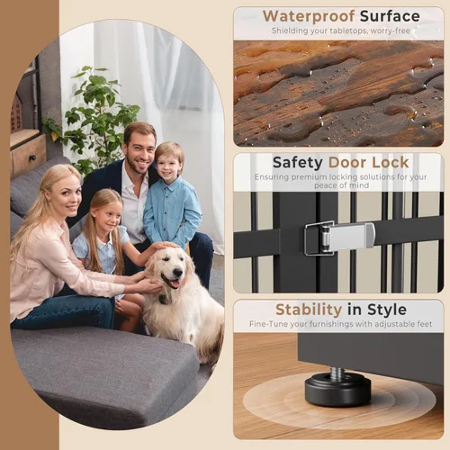 Miniatura 3 de Lyromix 94.48'' Mueble de jaula para perros de raza grande con soporte para TV de dos habitaciones, mesa auxiliar de jaula para perros de madera