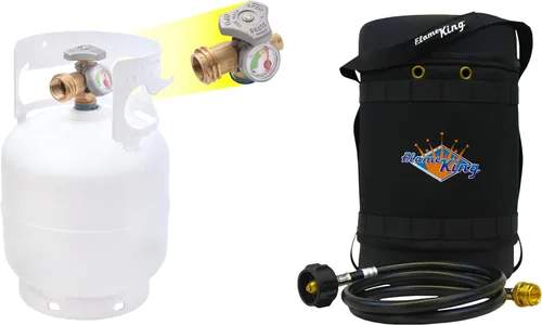 Flame King Tanque de propano de acero de 5 libras con calibre y válvula OPD + kit de transportador de gas con funda de transporte aislada y manguera