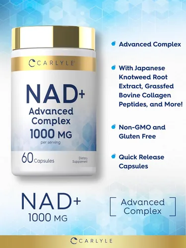 Miniatura 4 de Carlyle Suplemento NAD+ para mujeres y hombres 1000 mg 60 cápsulas Complejo avanzado con resveratrol y colágeno Sin OMG y sin gluten
