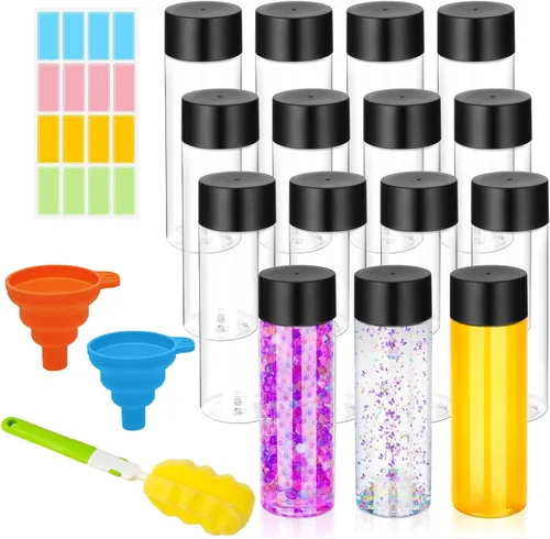 DI QIU REN Paquete de 16 botellas de plástico transparente, botellas sensoriales vacías con tapas, botellas de jugo reutilizables, recipientes para