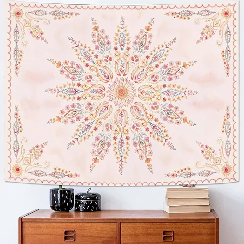 Miniatura 39 de Fowocu Tapiz bohemio con mandala floral para colgar en la pared, medallón de flores bohemias, tapiz estético, beige, naranja, hippie, indio, pequeño