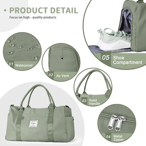 Miniatura 5 de Bolsa de gimnasio para mujeres y hombres bolsa de viaje deportiva con compartimento para zapatos y bolsillo húmedo A-H Green