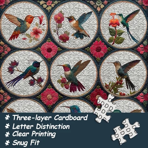 Miniatura 2 de Rompecabezas de colibrí para adultos de 1000 piezas, rompecabezas de flores de pájaros, arte de retazos, rompecabezas de edredón floral