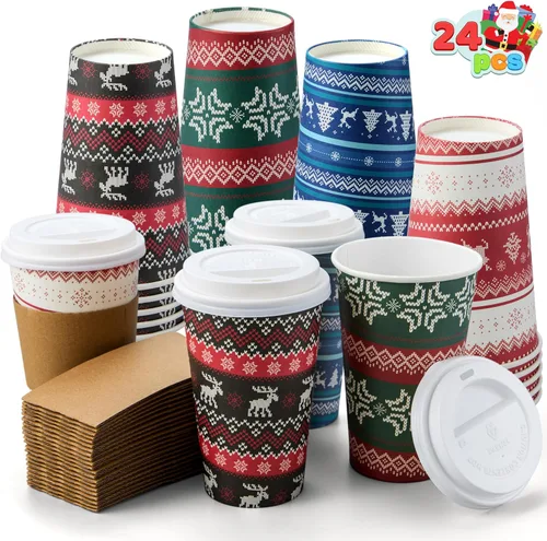 Miniatura 2 de JOYIN 24 piezas de vasos de papel desechables de Navidad, vasos de fiesta de Feliz Navidad de 16 oz con mangas y tapas, 4 diseños de vajilla