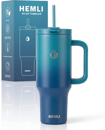 Miniatura 10 de Vaso de 40 onzas con asa y popote, vaso de acero inoxidable aislado con tapa 2 en 1 a prueba de fugas, reutilizable y portátil, taza de viaje