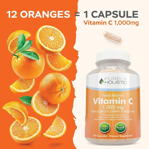Miniatura 5 de Purely Holistic Vitamina C 1000 mg + curcumina de cúrcuma orgánica de 700 mg y bioperina - 365 + 120 cápsulas - Paquete vegano - con rosa mosqueta