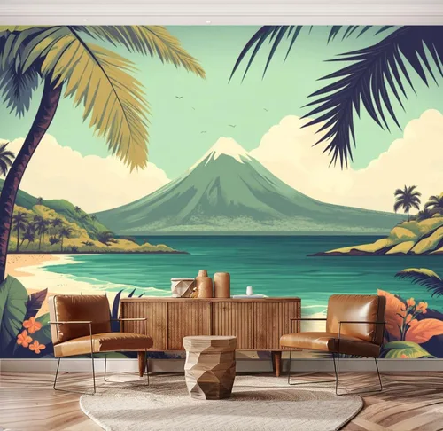 Miniatura 10 de Hawaii - Mural de pared retro exótico exótico tropical con olas de playa, paisaje, vintage, despegar y pegar, autoadhesivo, extraíble, adhesivo