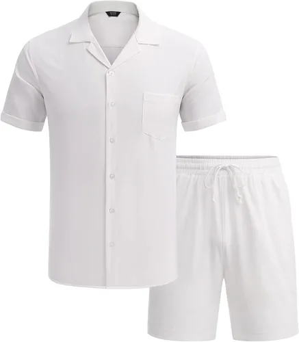 Miniatura 4 de COOFANDY Conjunto de camisa de 2 piezas para hombre, manga corta, con botones, casual, hippie, vacaciones, playa, camisetas y pantalones cortos