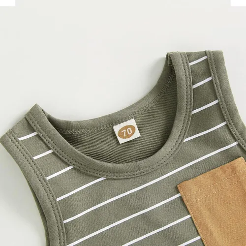 Miniatura 5 de Lucikamy Ropa de bebé niño sin mangas + pantalones cortos con estampado a rayas con bolsillos, 2 piezas de trajes de verano