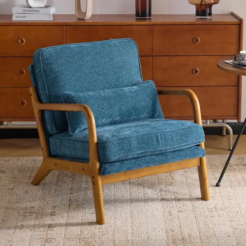Miniatura 16 de Karl home Silla de acento moderna de mediados de siglo con cojín, tapizada en tela de lino, silla de salón con brazo, estructura sólida de madera