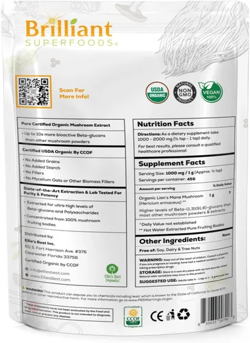 Miniatura 4 de Ellie's Best Lions Mane - Suplemento en polvo de extracto de hongos orgánico - Doble extracción para 10 veces de potencia - Puro sin rellenos - 16