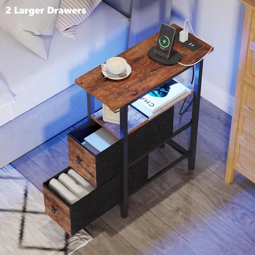 Miniatura 6 de TRIFEBLE Mesa auxiliar con estación de carga, mesa auxiliar estrecha con 2 cajones de tela, mesita de noche delgada con luz LED, mesita de noche