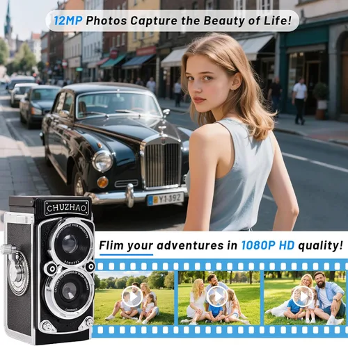 Miniatura 3 de Redcomets Mini cámara digital retro – Estilo vintage TLR apuntar y disparar cámara de vlogging de enfoque automático, compacta y portátil, tarjeta