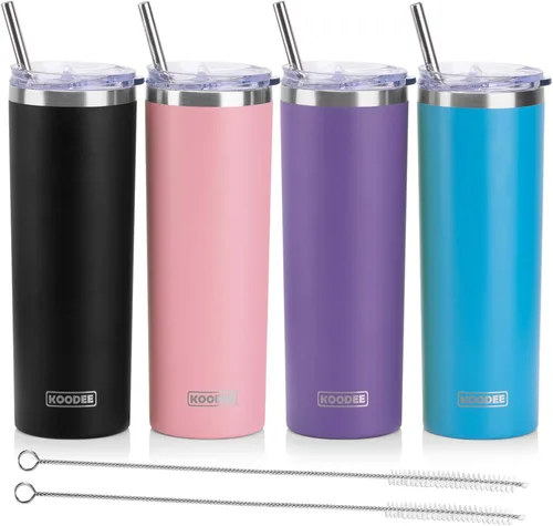 Miniatura 46 de Koodee - Vaso delgado de acero inoxidable de 20 onzas (4 unidades) aislado con doble pared, vaso de agua con 4 tapas, 4 popotes y 2 cepillos