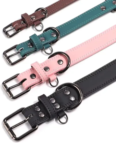 Miniatura 5 de Didog Collar de perro de cuero genuino para perros pequeños, duradero y suave, con anillos dobles en D y hebilla de metal, marrón, S