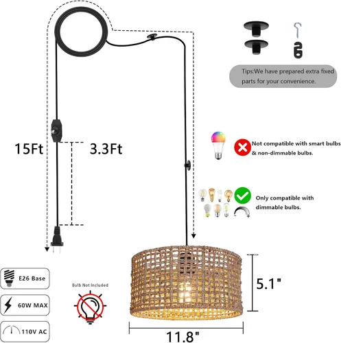 Miniatura 3 de HuisMier Lámpara colgante enchufable con pantalla de ratán tejida a mano, lámpara colgante regulable con cable de enchufe de 15 pies, lámpara