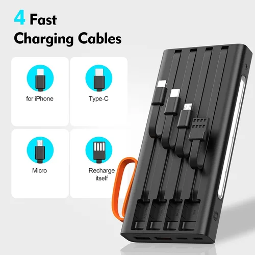Miniatura 2 de Cargador portátil de 10000 mAh, cable integrado, PD de 22.5 W de carga rápida, batería externa con iluminación LED, cargador de teléfono de viaje