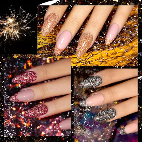 Miniatura 6 de RARJSM Juego de esmaltes de uñas de gel con purpurina reflectante, 6 colores brillantes plateados, champán, dorado, rosa, naranja, negro, rojo