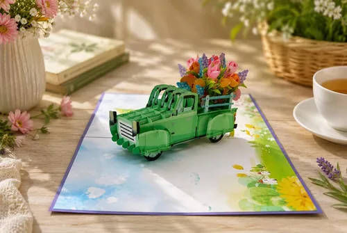 ETA Tarjeta de felicitación desplegable 3D, camión de flores vintage con flores coloridas, arte de papel hecho a mano para cumpleaños, día de la