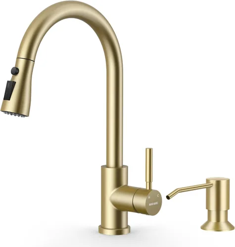 Miniatura 31 de WEWE Grifos de cocina con pulverizador desplegable, grifo de cocina de estilo granja en bronce cepillado con aceite, comercial, moderno, de arco